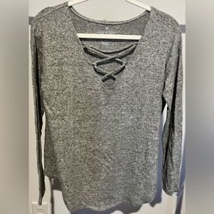 American Eagle AE VNeck Womens Size Small Soft Sexy Gray Long Sleeve Criss Cross